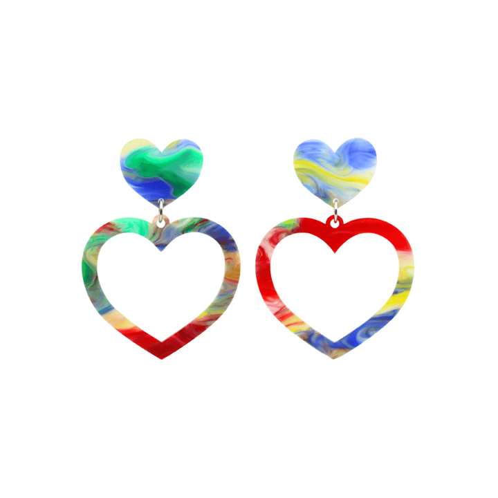 haus of dizzy watercolour barbie heart earrings in rainbow swirl size small