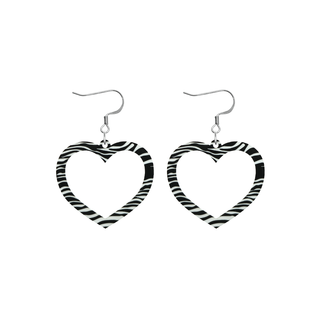 haus of dizzy black and white barbie heart earrings in zebra print size small with hooks no heart tops