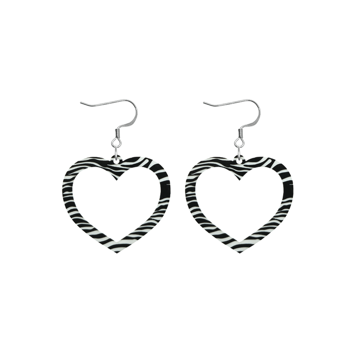 haus of dizzy black and white barbie heart earrings in zebra print size small with hooks no heart tops
