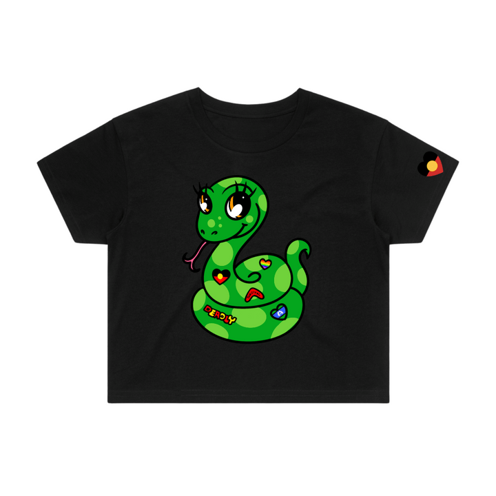 Black crop t-shirt with a green cartoon snake called Bindi on front.  the t-shirt is on a white background.