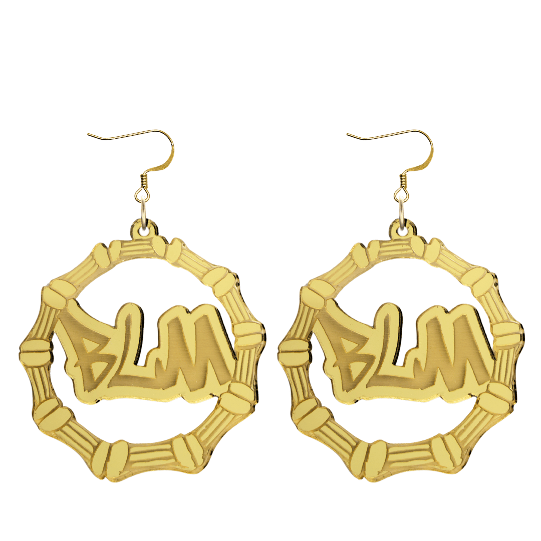 haus of dizzy acrylic gold mirror bamboo hoops with graffiti text that reads BLM with hooks no circle stud tops size large