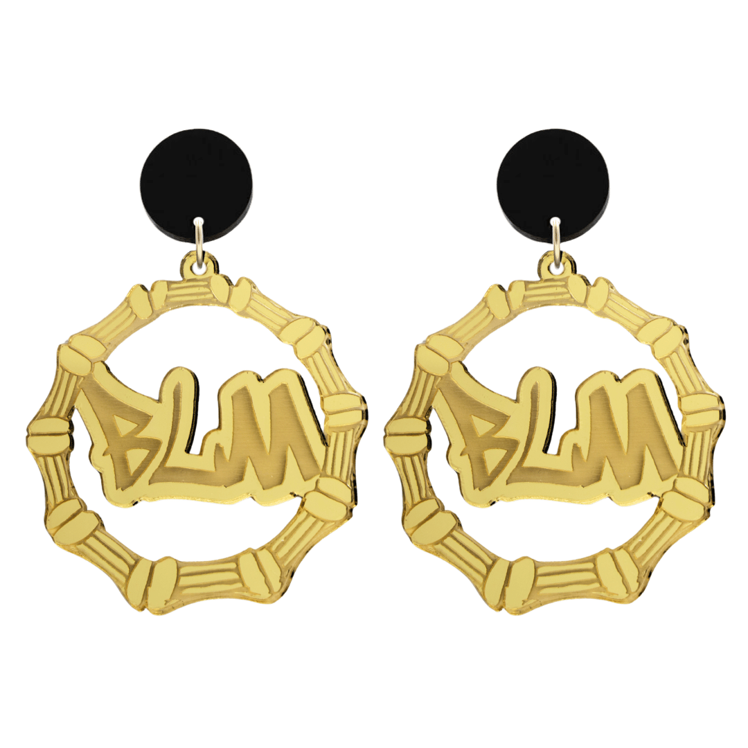 haus of dizzy acrylic gold mirror bamboo hoops with graffiti text that reads BLM with black circle stud tops size large