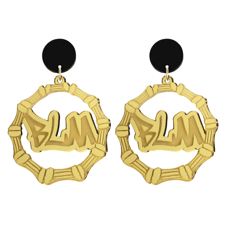 haus of dizzy acrylic gold mirror bamboo hoops with graffiti text that reads BLM with black circle stud tops size large