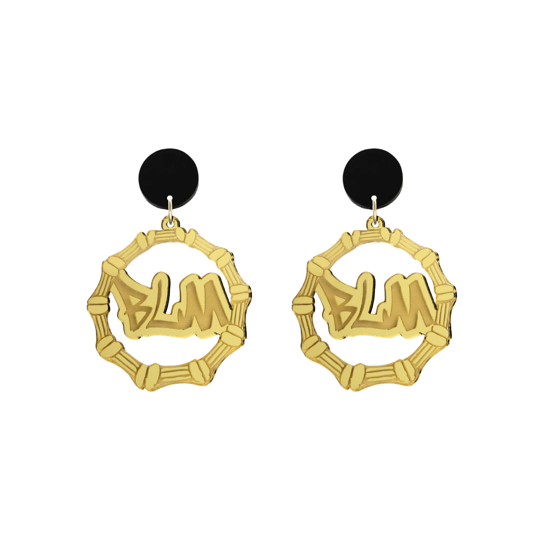 haus of dizzy acrylic gold mirror bamboo hoops with graffiti text that reads BLM with black circle stud tops size small