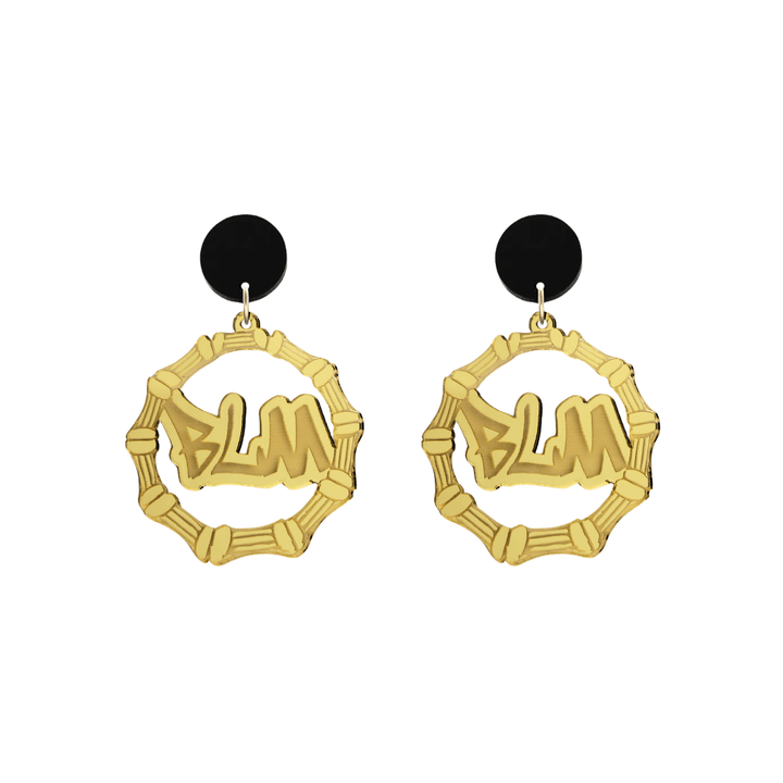 haus of dizzy acrylic gold mirror bamboo hoops with graffiti text that reads BLM with black circle stud tops size small
