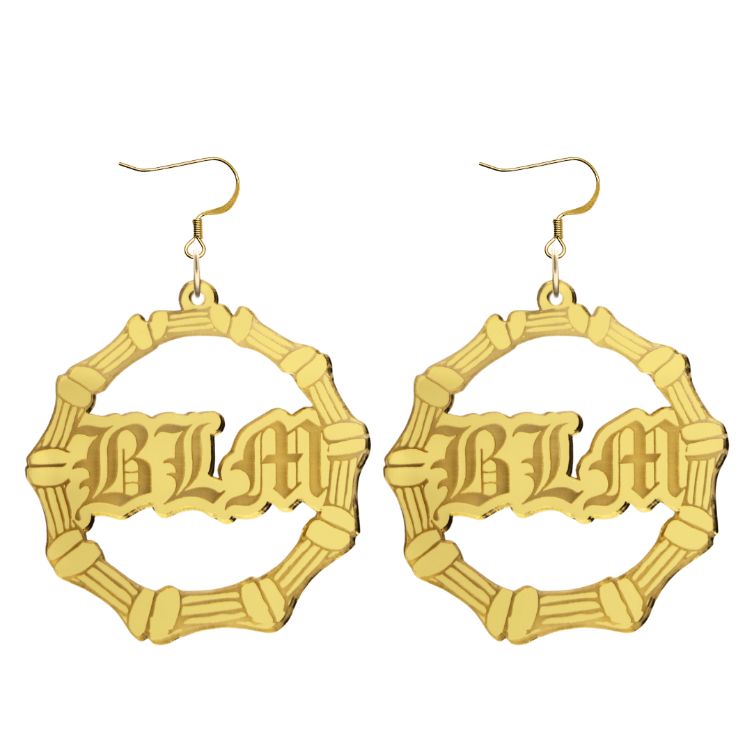 haus of dizzy acrylic gold mirror bamboo hoops with old english text that reads BLM with hooks no circle stud tops size large