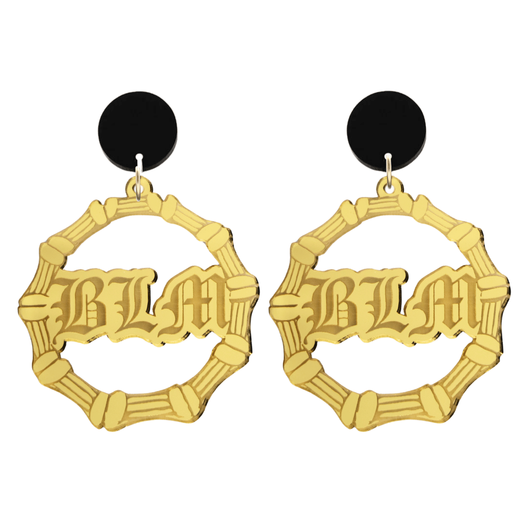 haus of dizzy acrylic gold mirror bamboo hoops with old english text that reads BLM with black circle stud tops size large
