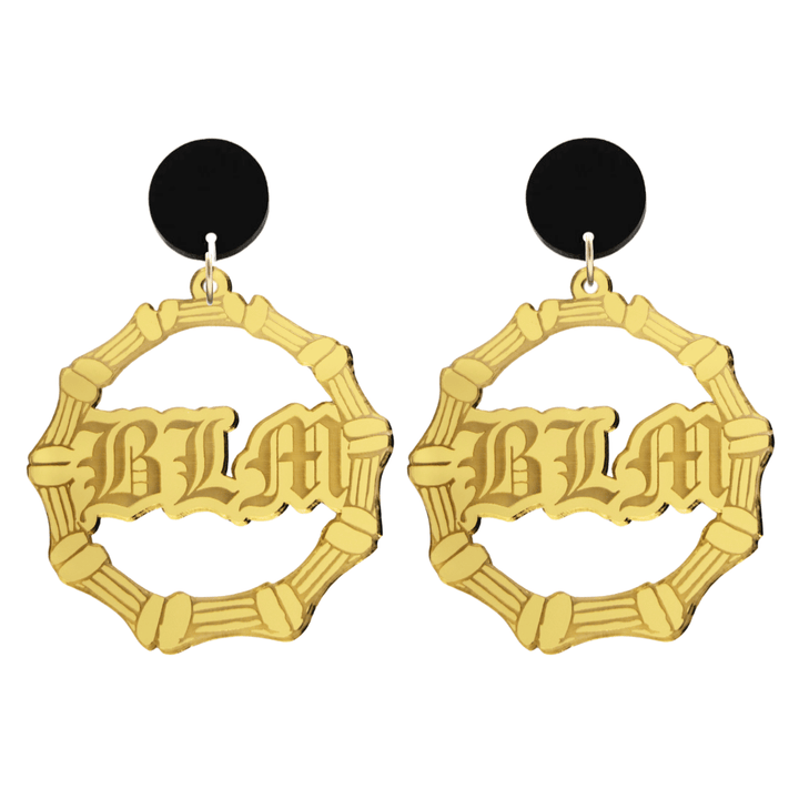 haus of dizzy acrylic gold mirror bamboo hoops with old english text that reads BLM with black circle stud tops size large