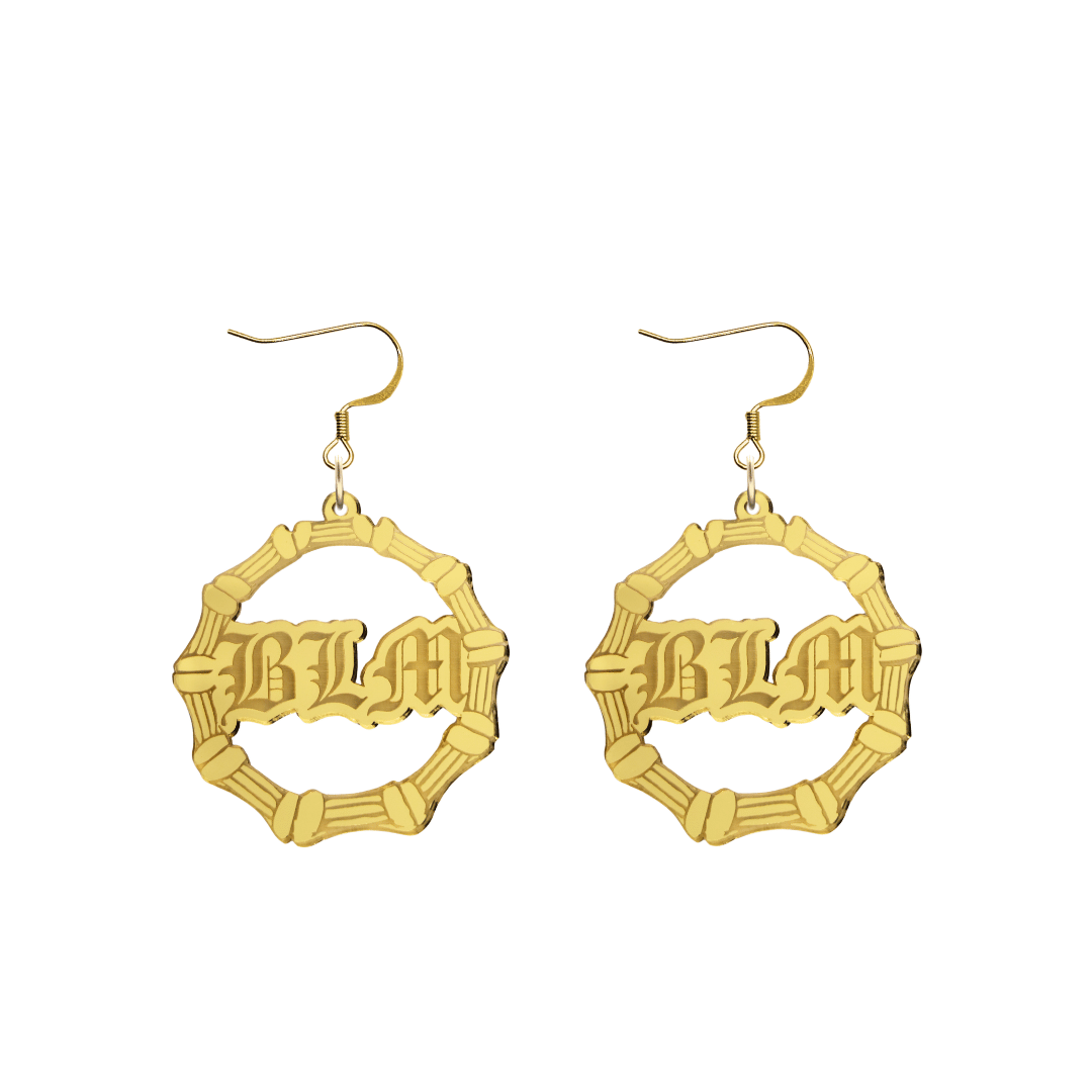haus of dizzy acrylic gold mirror bamboo hoops with old english text that reads BLM with hooks no circle stud tops size small