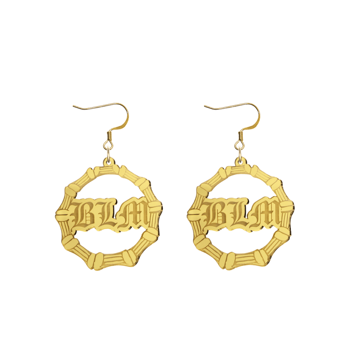 haus of dizzy acrylic gold mirror bamboo hoops with old english text that reads BLM with hooks no circle stud tops size small