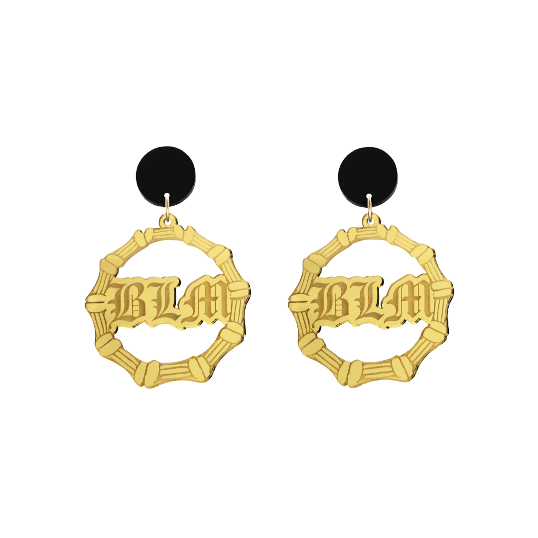 haus of dizzy acrylic gold mirror bamboo hoops with old english text that reads BLM with black circle stud tops size small