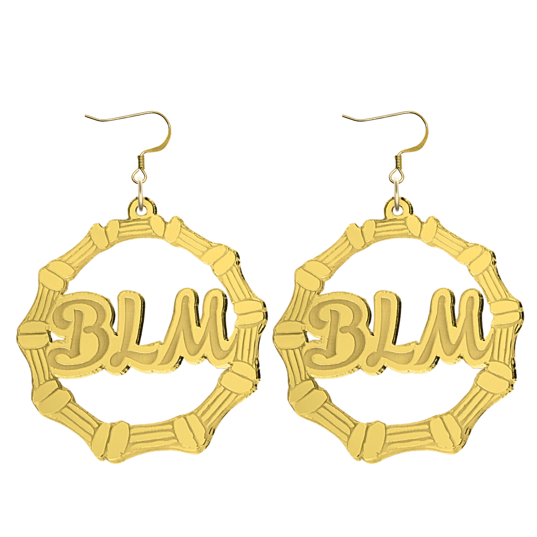 haus of dizzy acrylic gold mirror bamboo hoops with ollie cursive text that reads BLM with hooks no circle stud tops size large