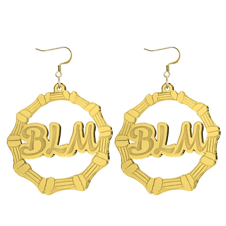 haus of dizzy acrylic gold mirror bamboo hoops with ollie cursive text that reads BLM with hooks no circle stud tops size large