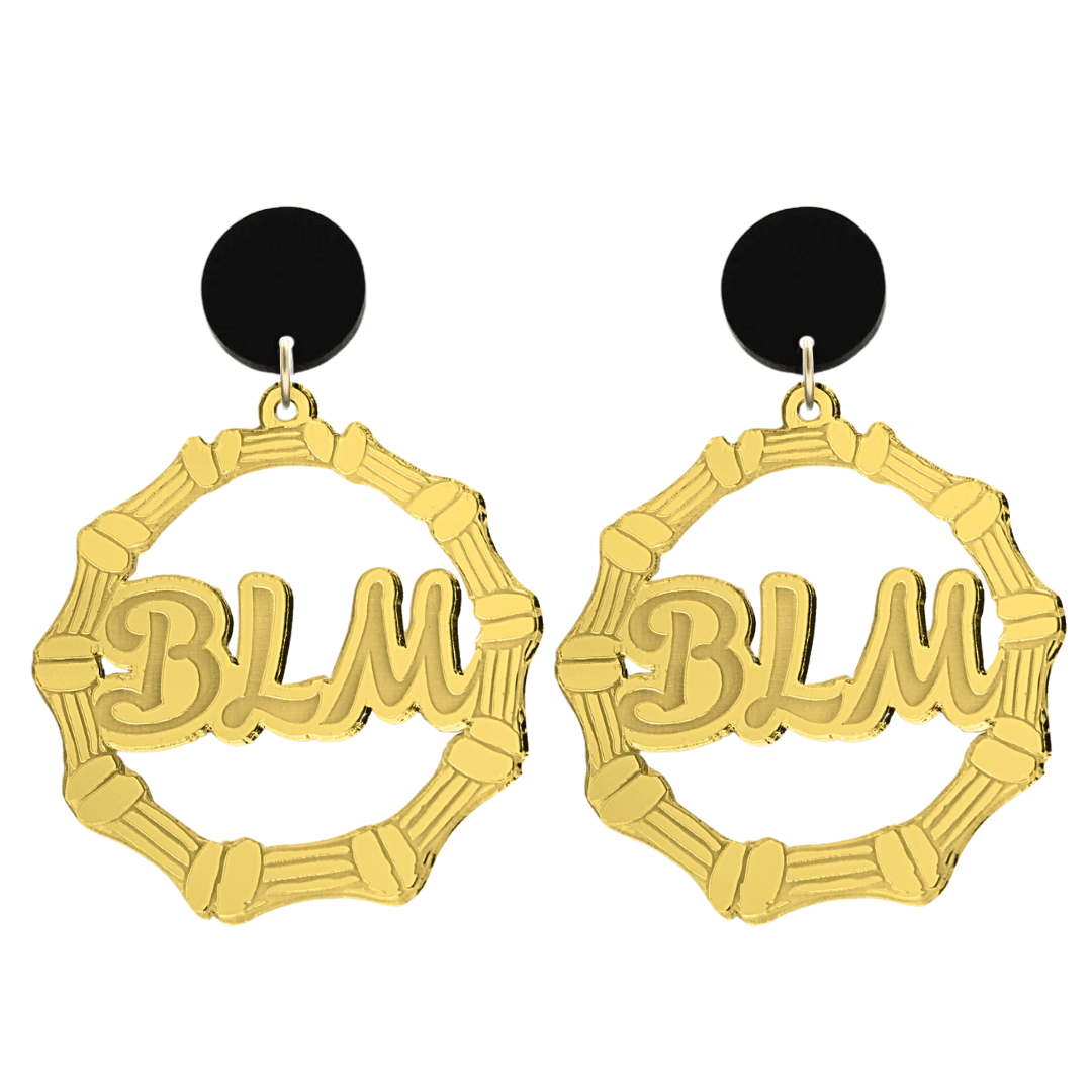 haus of dizzy acrylic gold mirror bamboo hoops with ollie cursive text that reads BLM with black circle stud tops size large