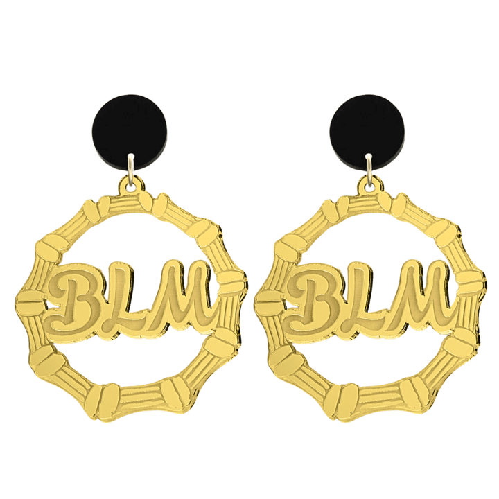 haus of dizzy acrylic gold mirror bamboo hoops with ollie cursive text that reads BLM with black circle stud tops size large