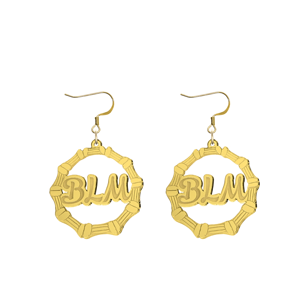 haus of dizzy acrylic gold mirror bamboo hoops with ollie cursive text that reads BLM with hooks no circle stud tops size small