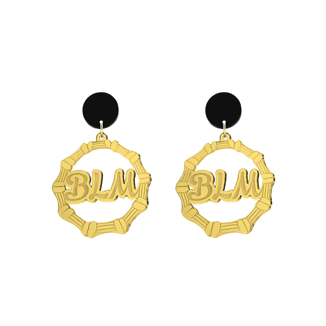 haus of dizzy acrylic gold mirror bamboo hoops with ollie cursive text that reads BLM with black circle stud tops size small