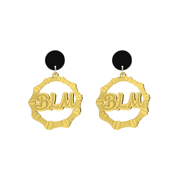 haus of dizzy acrylic gold mirror bamboo hoops with ollie cursive text that reads BLM with black circle stud tops size small