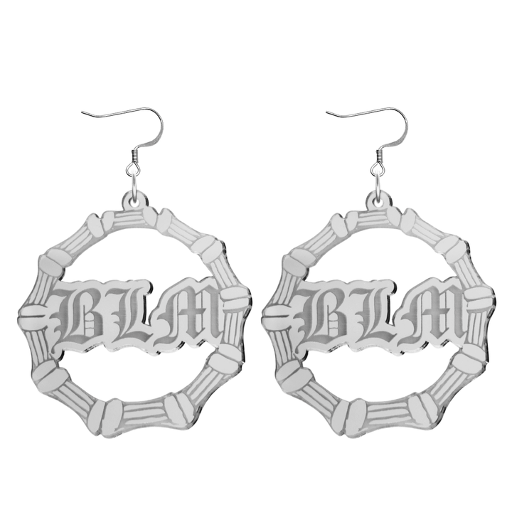 haus of dizzy acrylic silver mirror bamboo hoops with old english text that reads BLM with hooks no circle stud tops size large