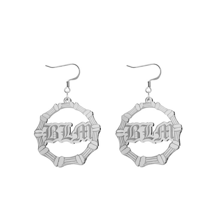haus of dizzy acrylic silver mirror bamboo hoops with old english text that reads BLM with hooks no circle stud tops size small