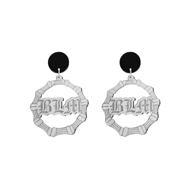 haus of dizzy acrylic silver mirror bamboo hoops with old english text that reads BLM with black circle stud tops size small