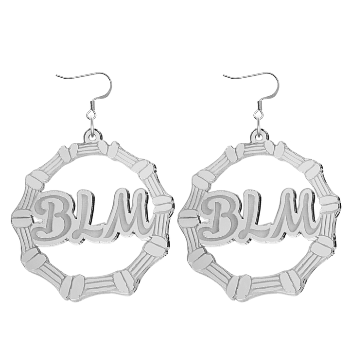 haus of dizzy acrylic silver mirror bamboo hoops with ollie cursive text that reads BLM with hooks no circle stud tops size large