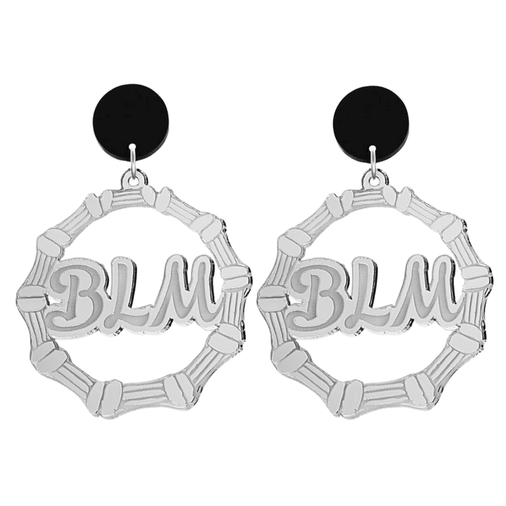 haus of dizzy acrylic silver mirror bamboo hoops with ollie cursive text that reads BLM with black circle stud tops size large