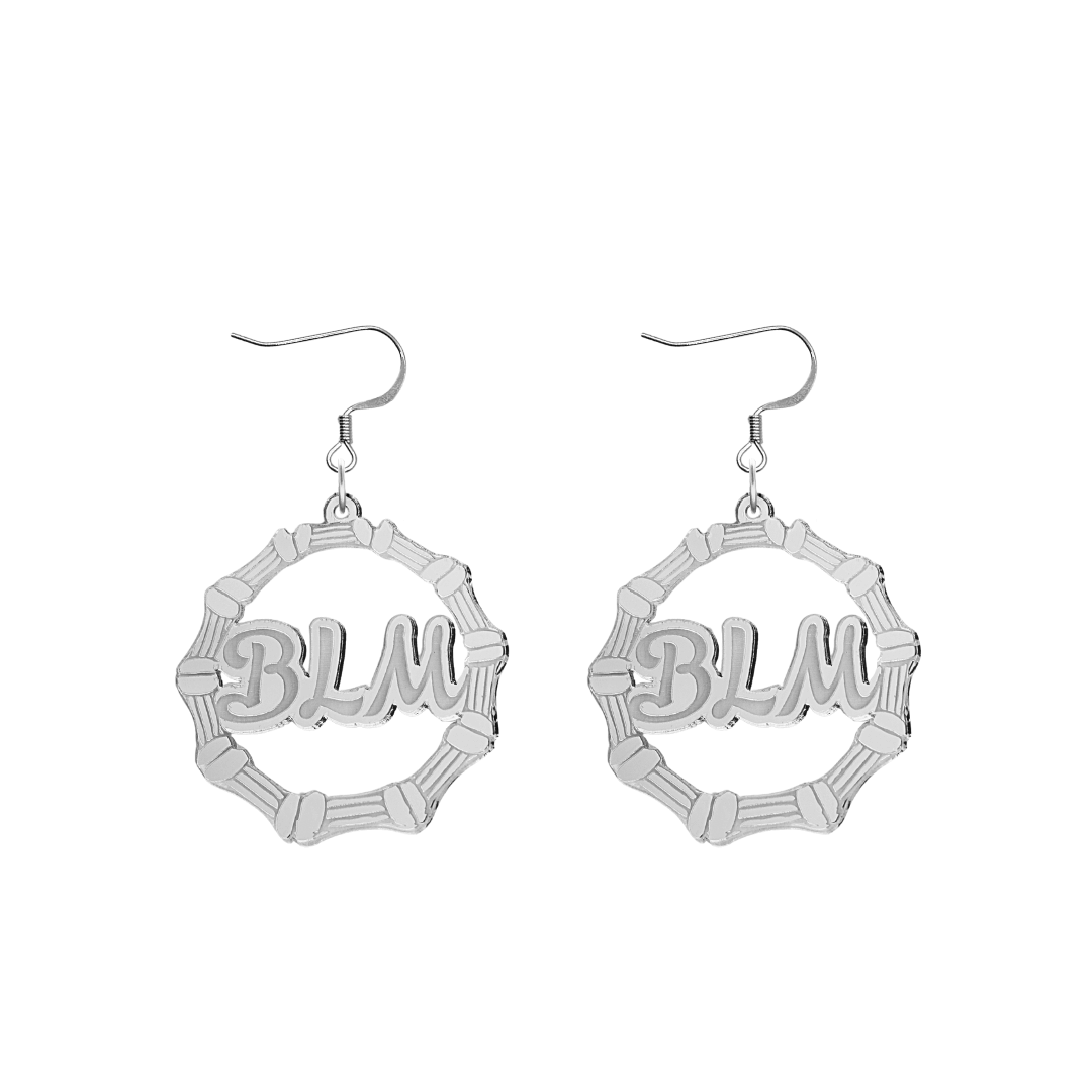 haus of dizzy acrylic silver mirror bamboo hoops with ollie cursive text that reads BLM with hooks no circle stud tops size small