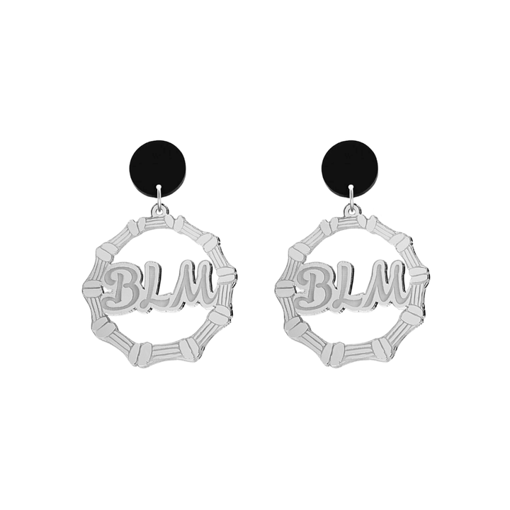 haus of dizzy acrylic silver mirror bamboo hoops with ollie cursive text that reads BLM with black circle stud tops size small