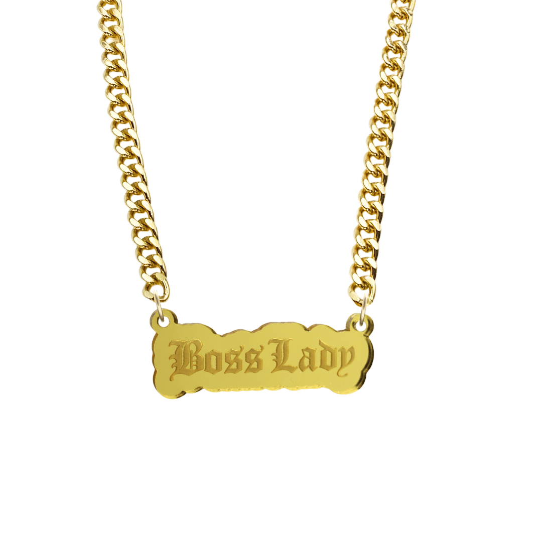 haus of dizzy gold necklace with 'Boss Lady' acrylic pendant size large