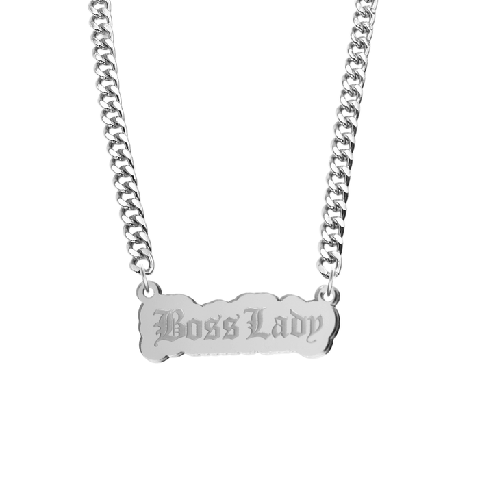 haus of dizzy silver necklace with 'Boss Lady' acrylic pendant size large