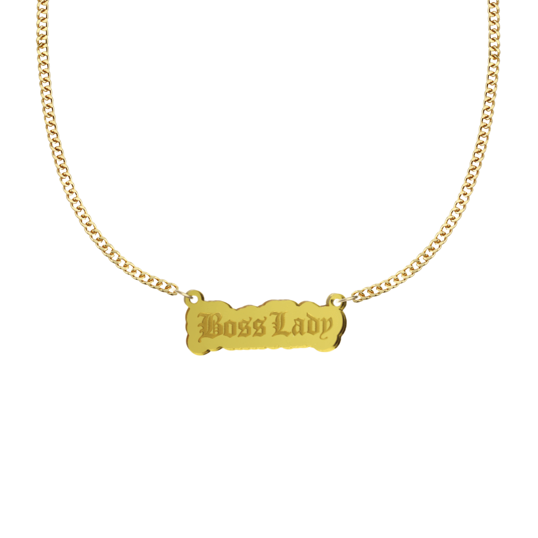 haus of dizzy gold necklace with 'Boss Lady' acrylic pendant size small
