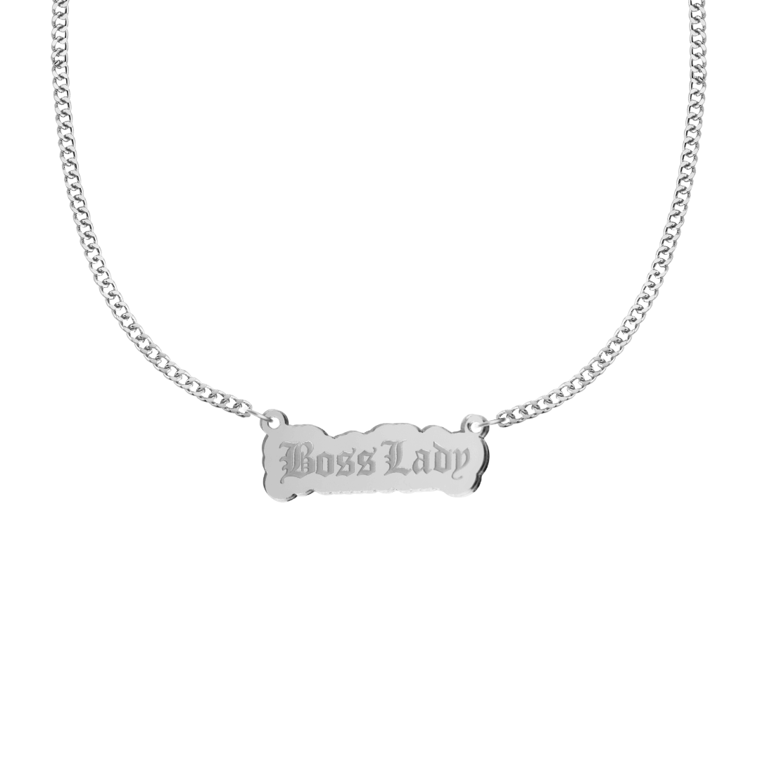 haus of dizzy silver necklace with 'Boss Lady' acrylic pendant size small