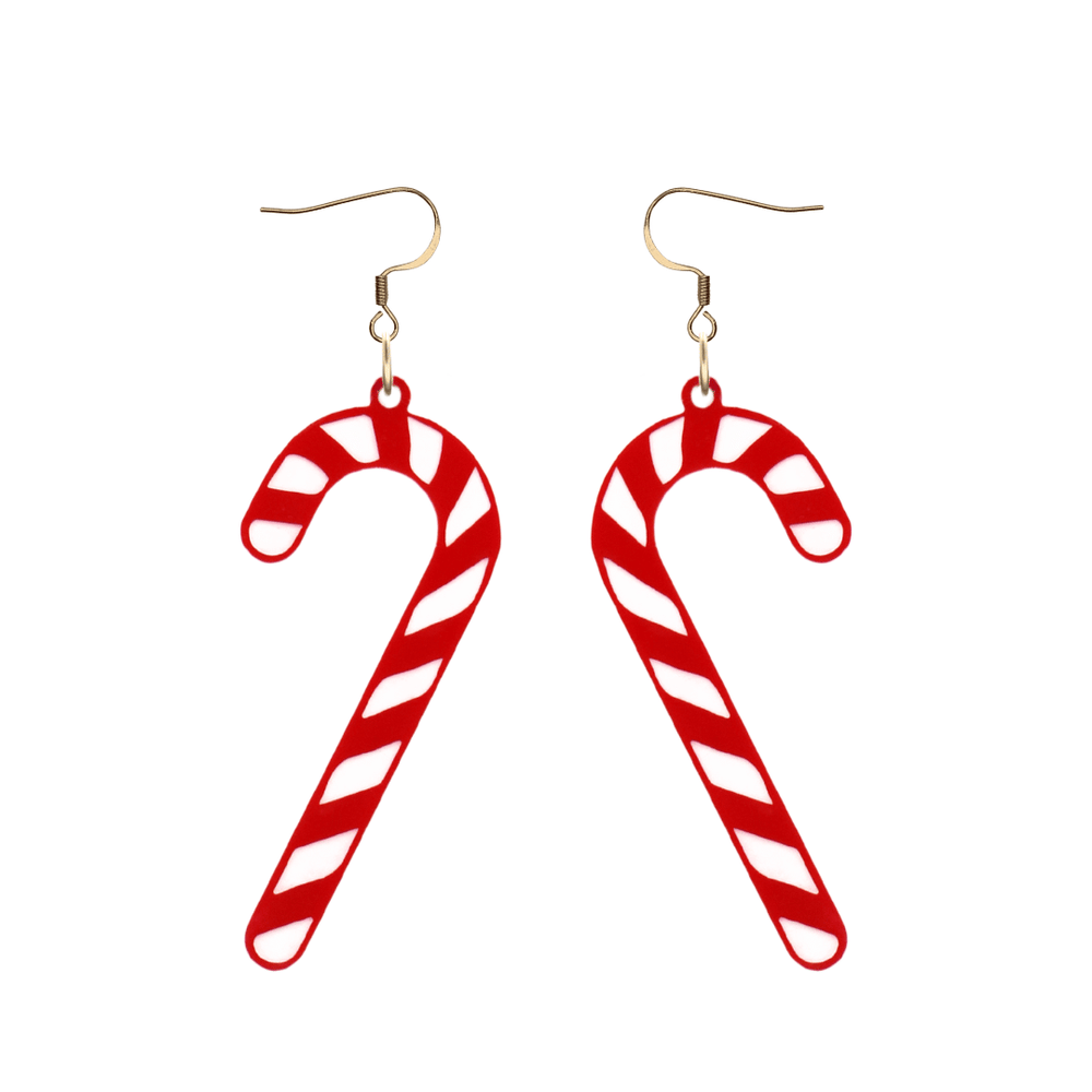 haus of dizzy red and white candy cane earrings with gold hooks on a white background size large