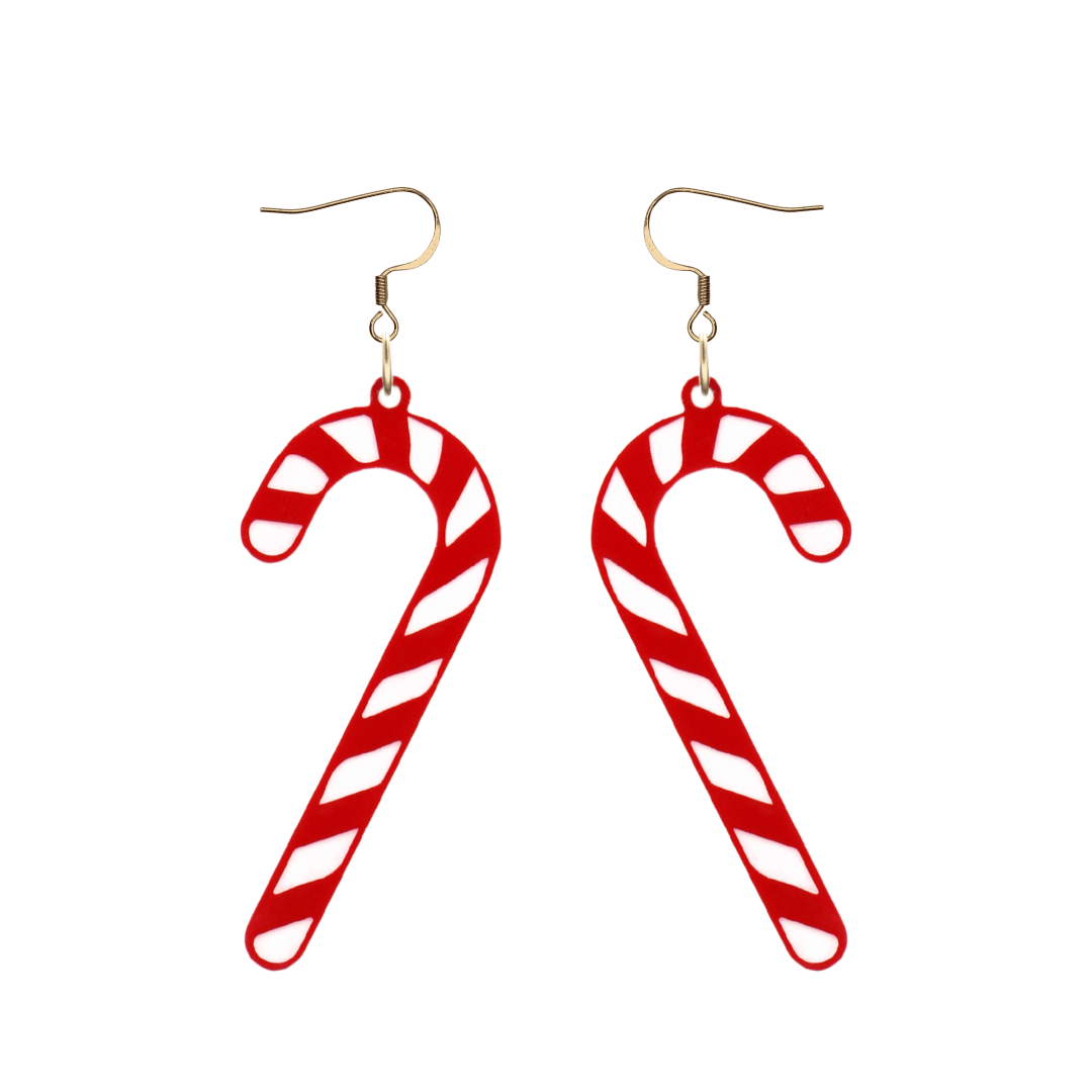 haus of dizzy red and white candy cane earrings with gold hooks on a white background size large