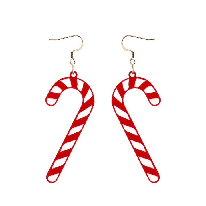 haus of dizzy red and white candy cane earrings with gold hooks on a white background size large