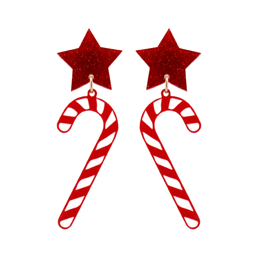 haus of dizzy red and white candy cane earrings with red glitter star tops on a white background size large