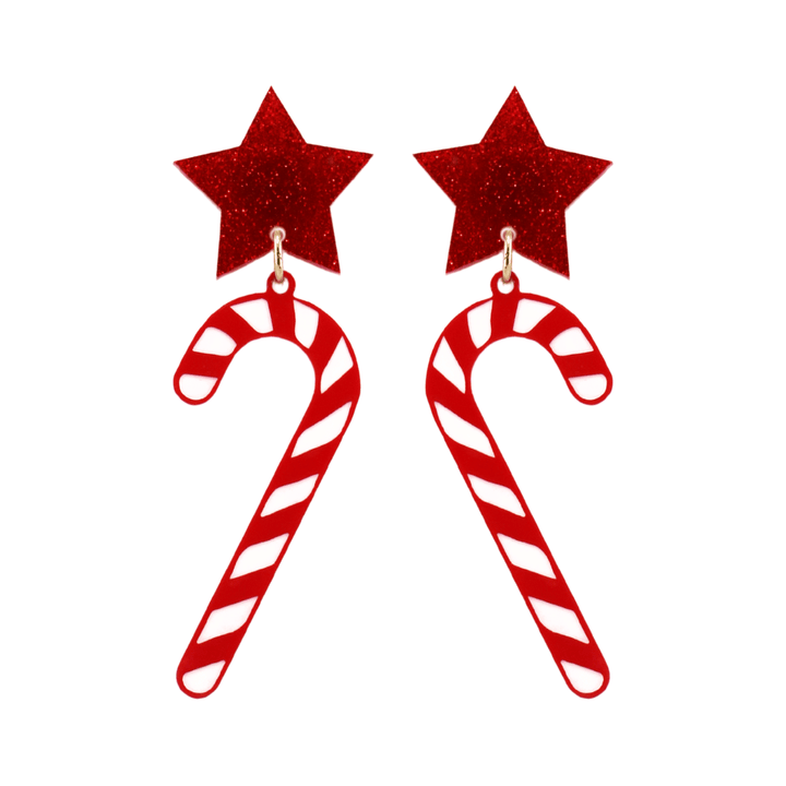 haus of dizzy red and white candy cane earrings with red glitter star tops on a white background size large