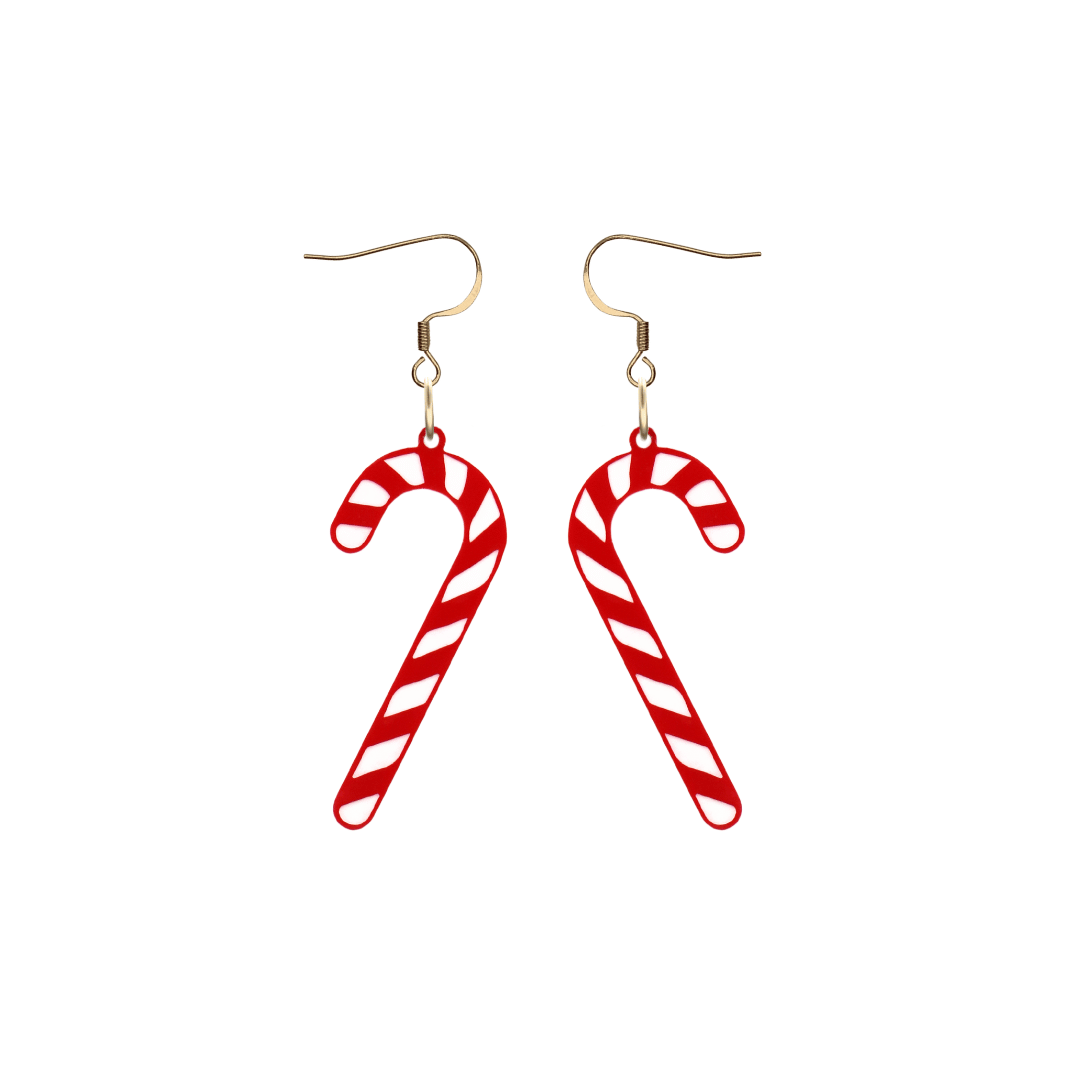 haus of dizzy red and white candy cane earrings with gold hooks on a white background size small