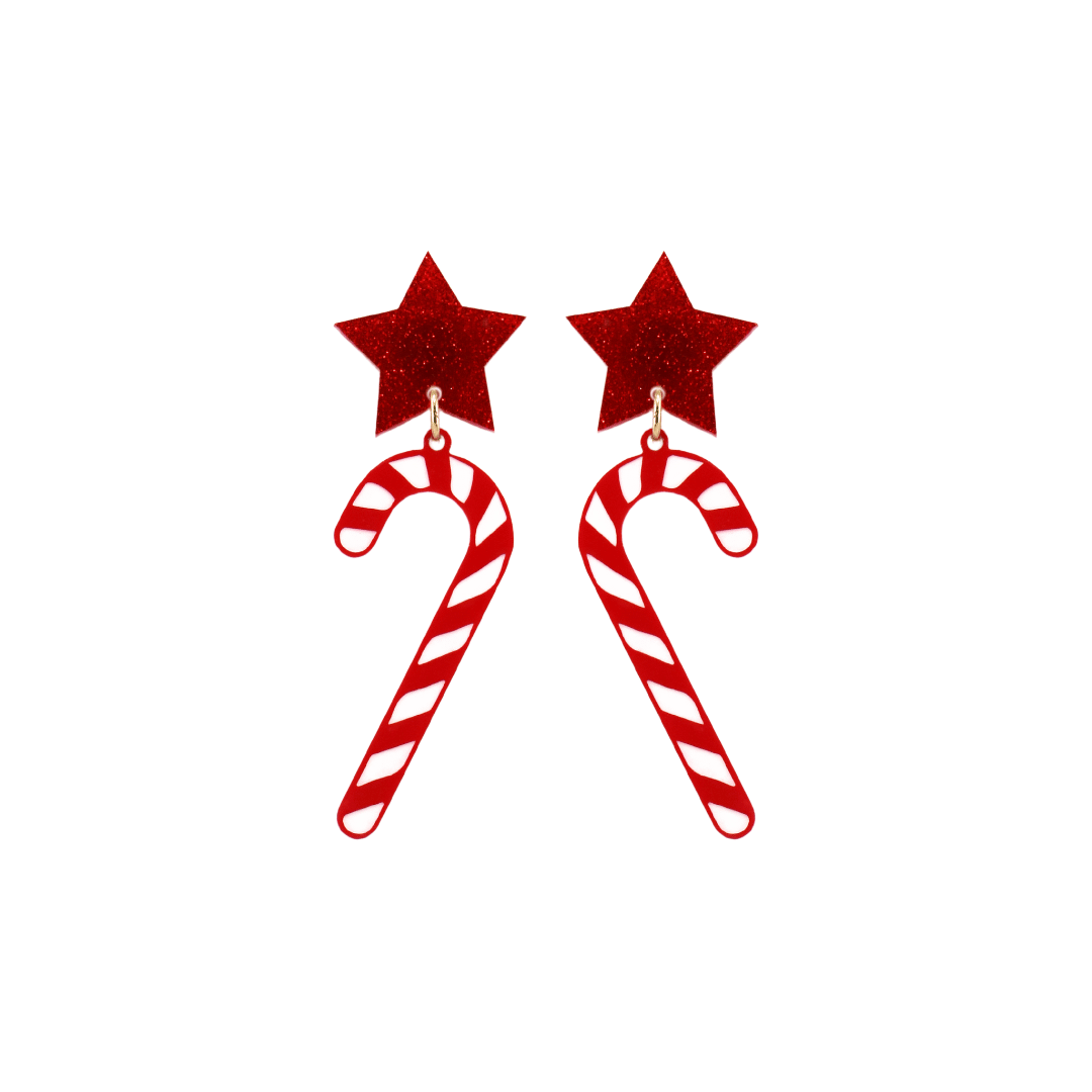 haus of dizzy red and white candy cane earrings with red glitter star tops on a white background size small