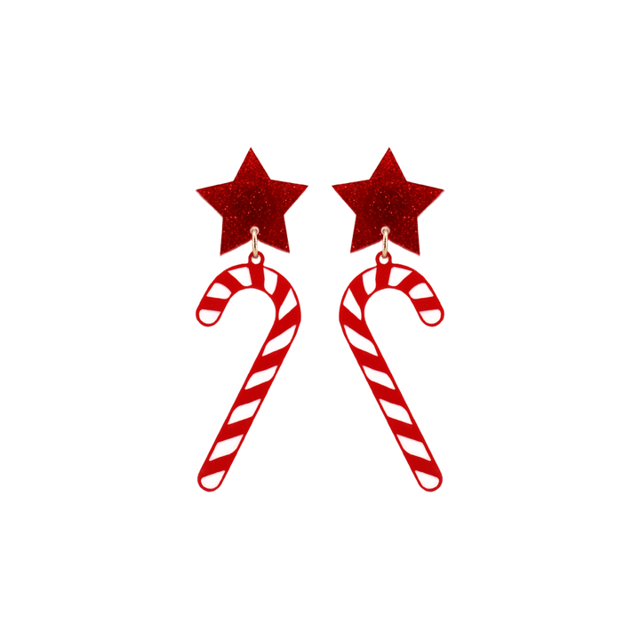haus of dizzy red and white candy cane earrings with red glitter star tops on a white background size small