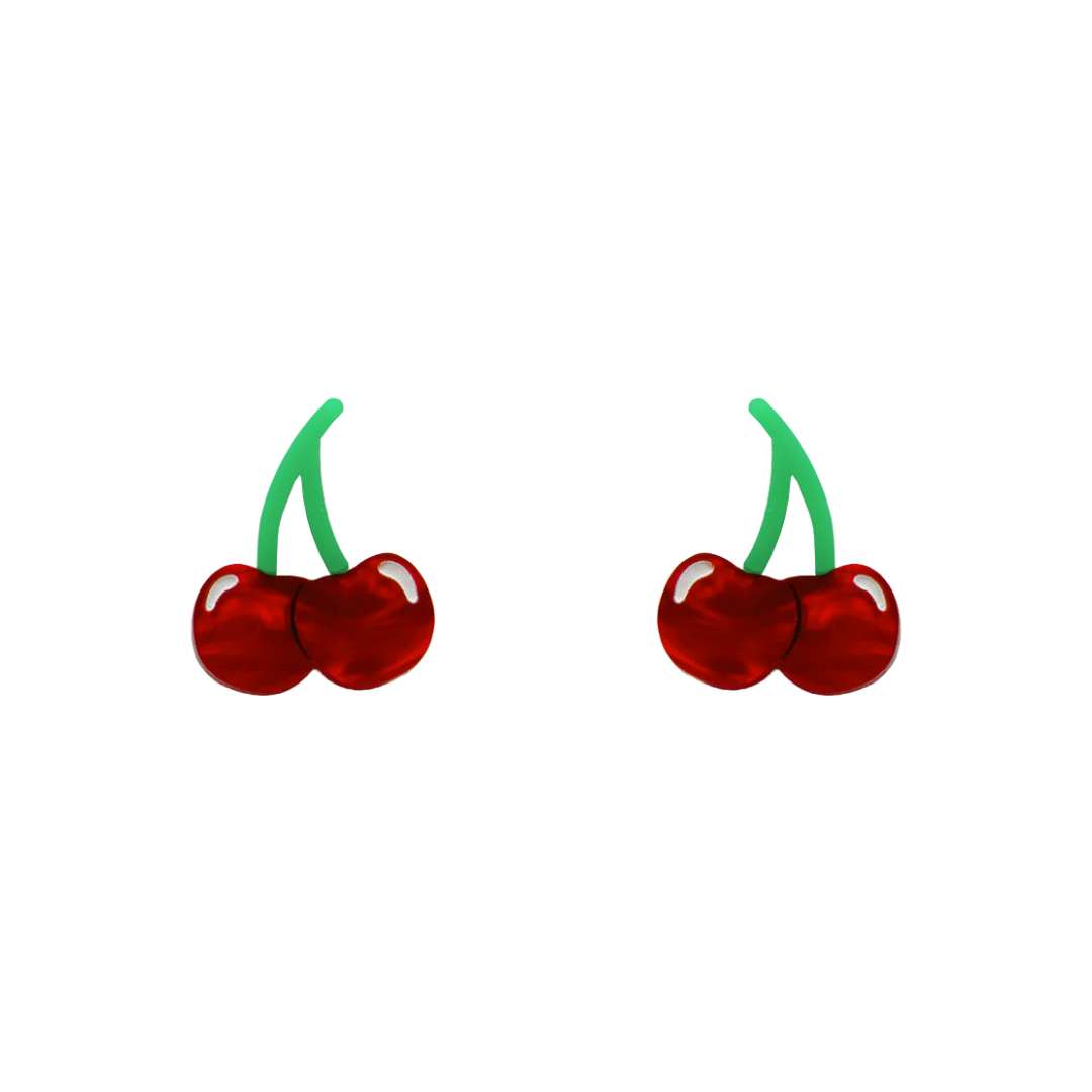 An image of Haus of Dizzy's cherry bomb studS, with red and green acrylic with white and black paint fill. 
