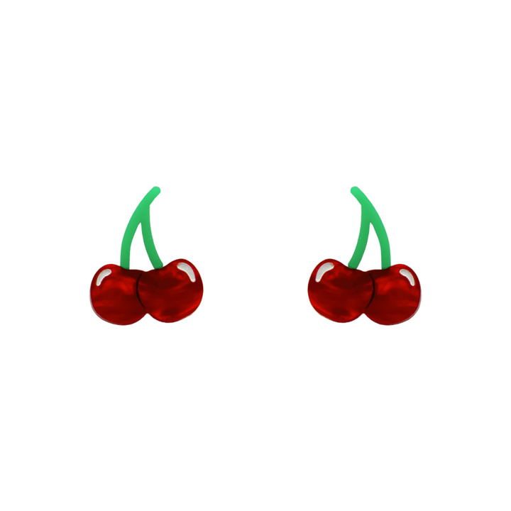 An image of Haus of Dizzy's cherry bomb studS, with red and green acrylic with white and black paint fill. 
