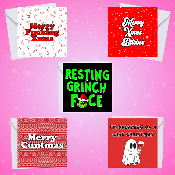 haus of dizzy Christmas-themed 5 card bundle with various cheeky and humorous text on a pink background