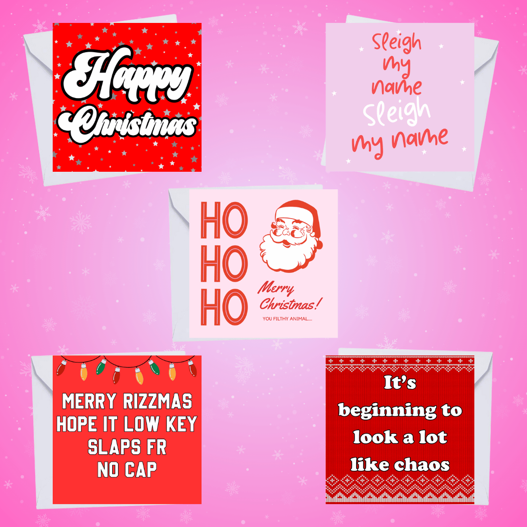 haus of dizzy Christmas-themed 5 card bundle with various sweet christmas text on a pink background