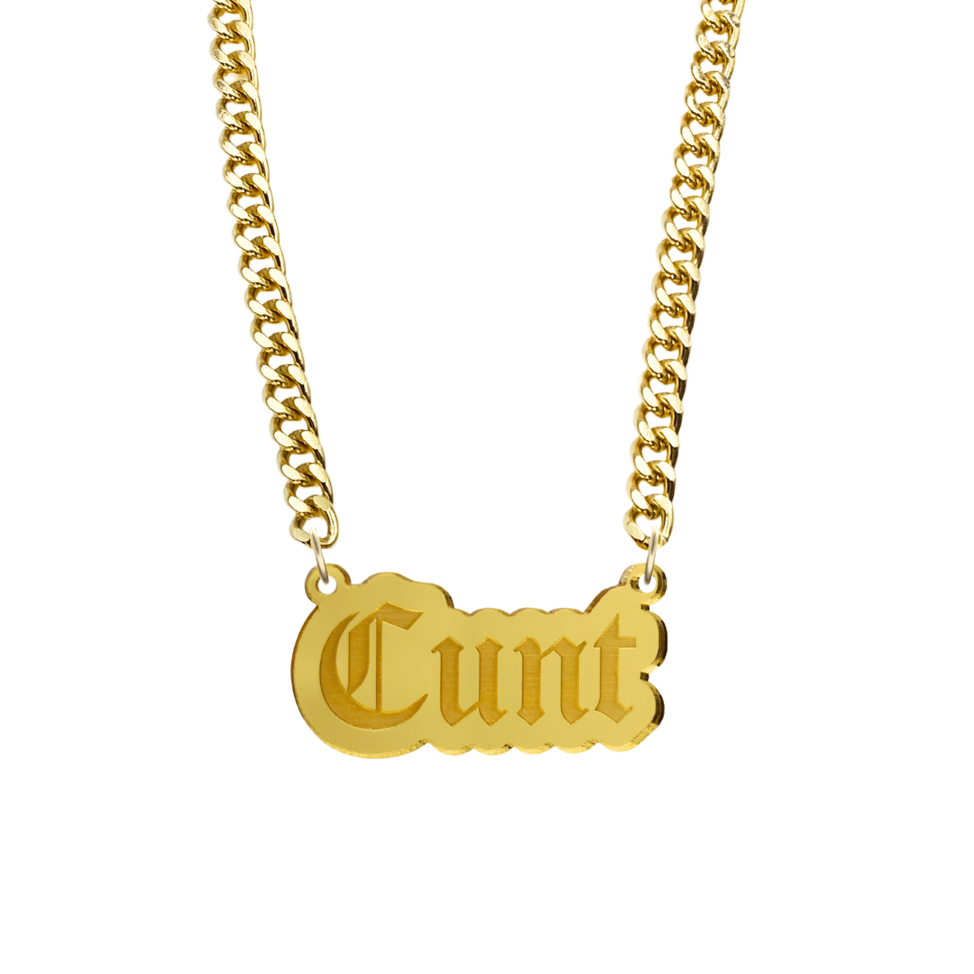 haus of dizzy gold necklace with 'cunt' acrylic pendant size large