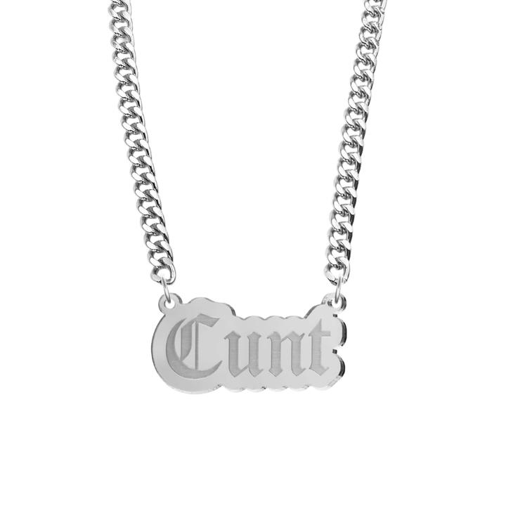 haus of dizzy silver necklace with 'cunt' acrylic pendant size large