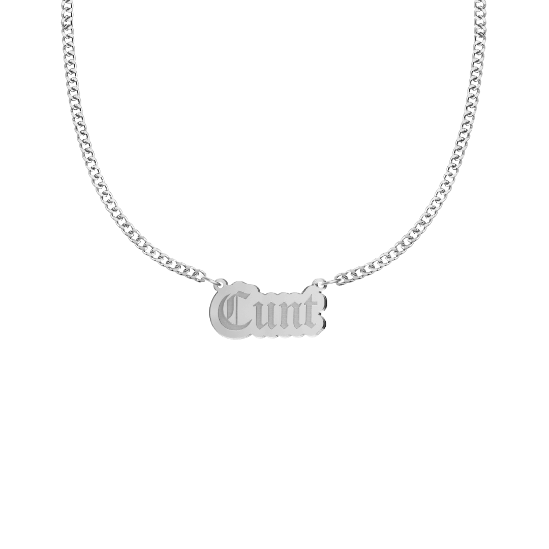 haus of dizzy silver necklace with 'cunt' acrylic pendant size small