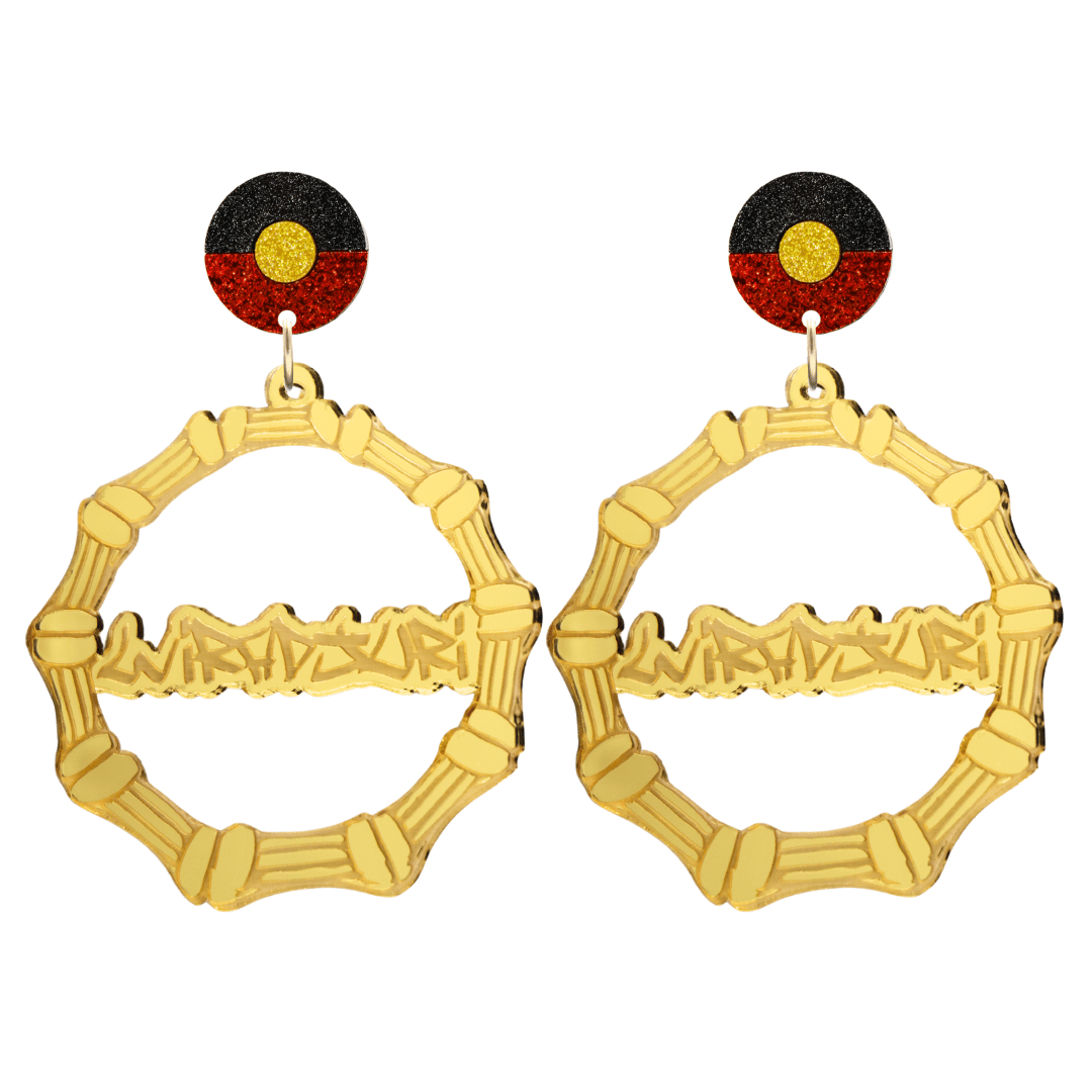 haus of dizzy gold mirror acrylic bamboo hoop custom earrings with 'Wiradjuri' graffiti text and Aboriginal flag design stud top size large