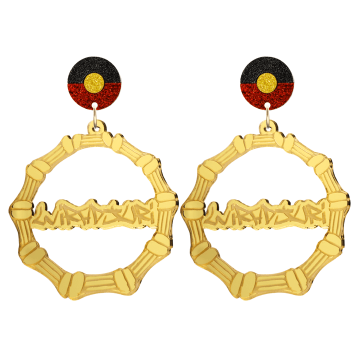 haus of dizzy gold mirror acrylic bamboo hoop custom earrings with 'Wiradjuri' graffiti text and Aboriginal flag design stud top size large